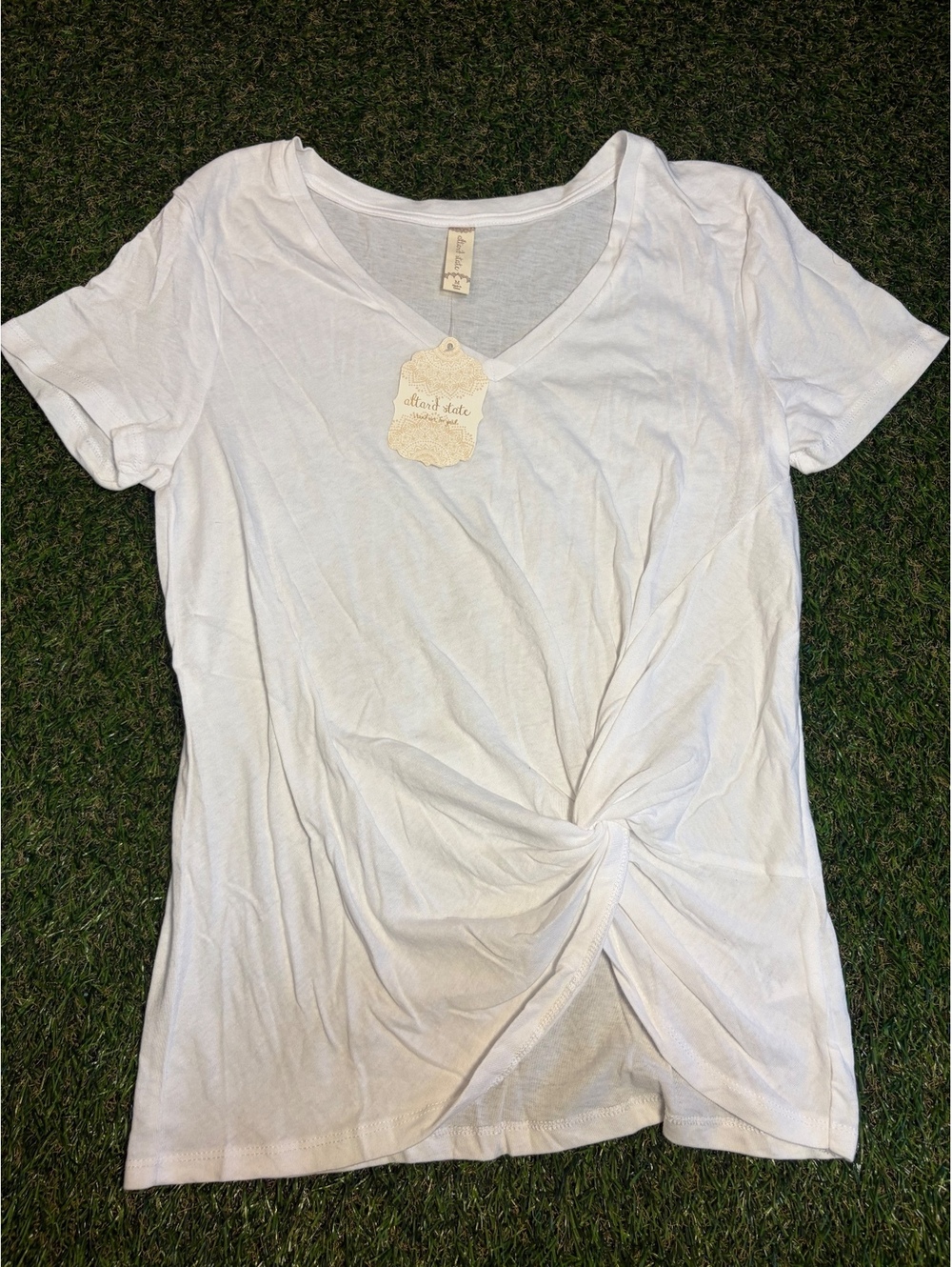 Altar'd State White V-Neck Twist Front T-Shirt Women's Size
